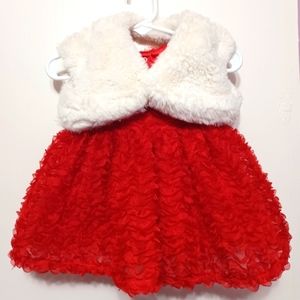 Beautiful red dress with cream colored fluffy vest
